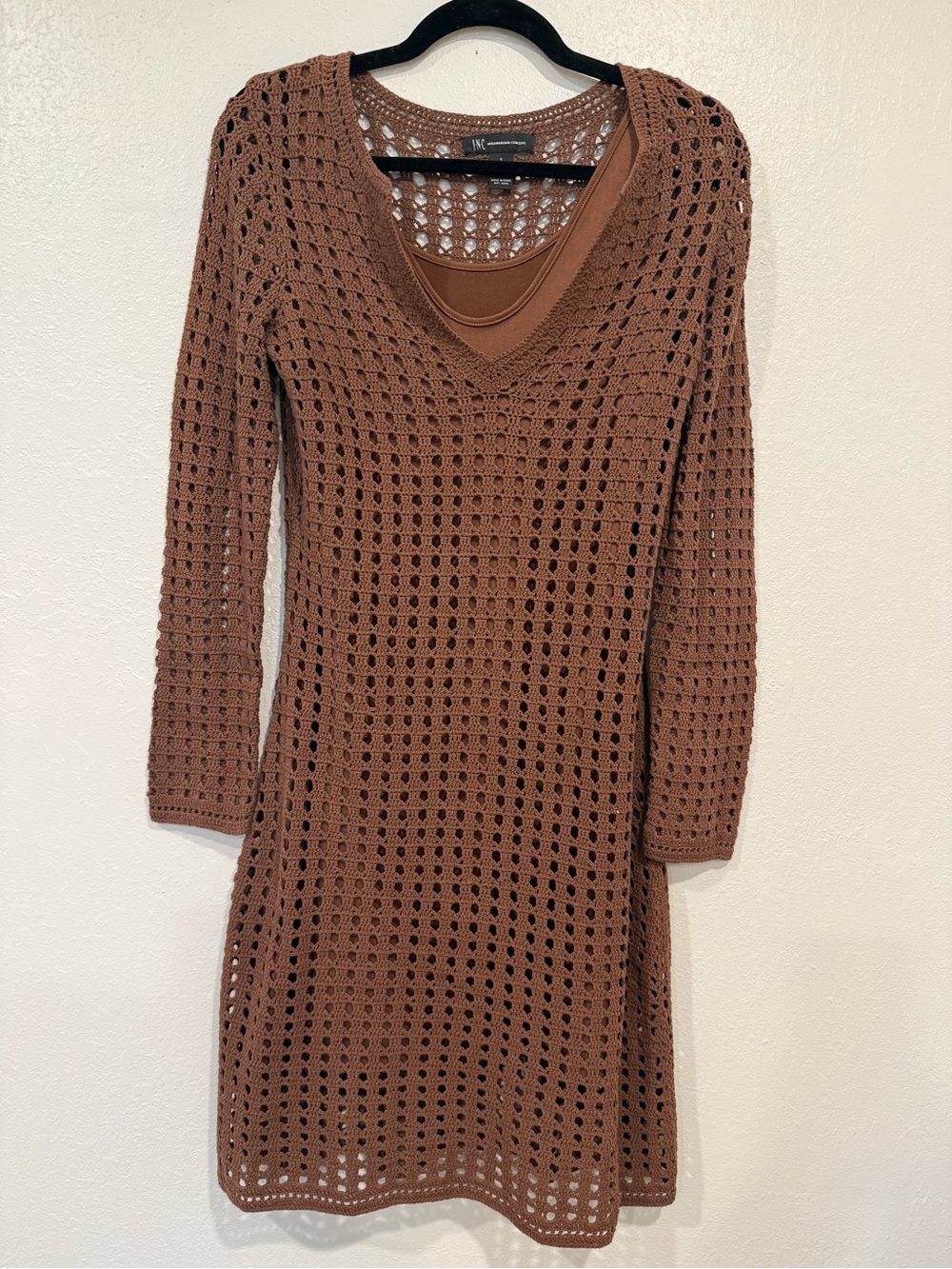 INC International Concepts Brown Crochet Long Sleeve Dress